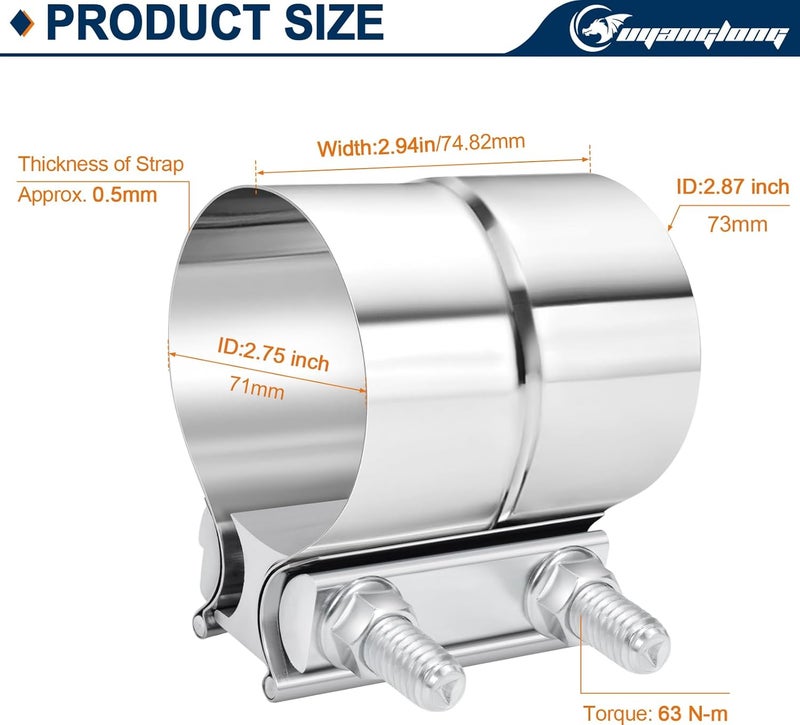 ouyanglong 2.5 Inch Exhaust Clamp, 2 1/2'' Lap Joint Band Clamp Sleeve Coupler for Pipes Catalytic Mufflers Converters, 2 Pairs - Image 3